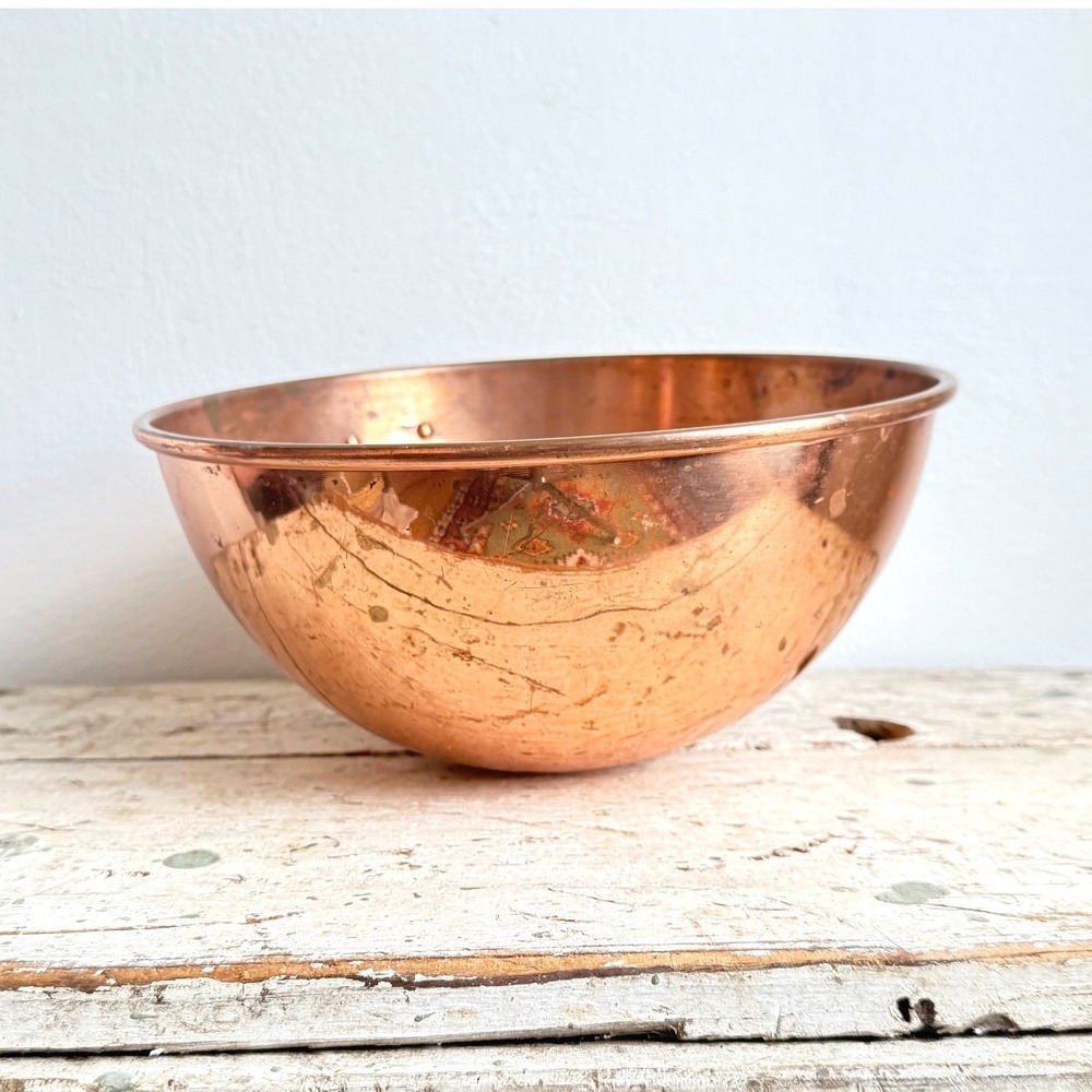 Vintage Solid Copper Mixing Bowl Brass Hanging Ring 11.5 Inch French